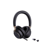 Black over-ear headphones with a small receiver on a white background