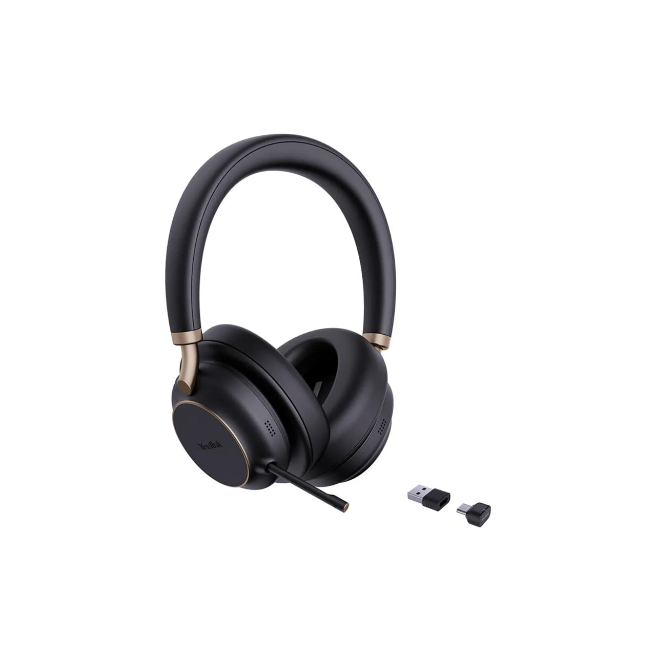 Black over-ear headphones with a small receiver on a white background