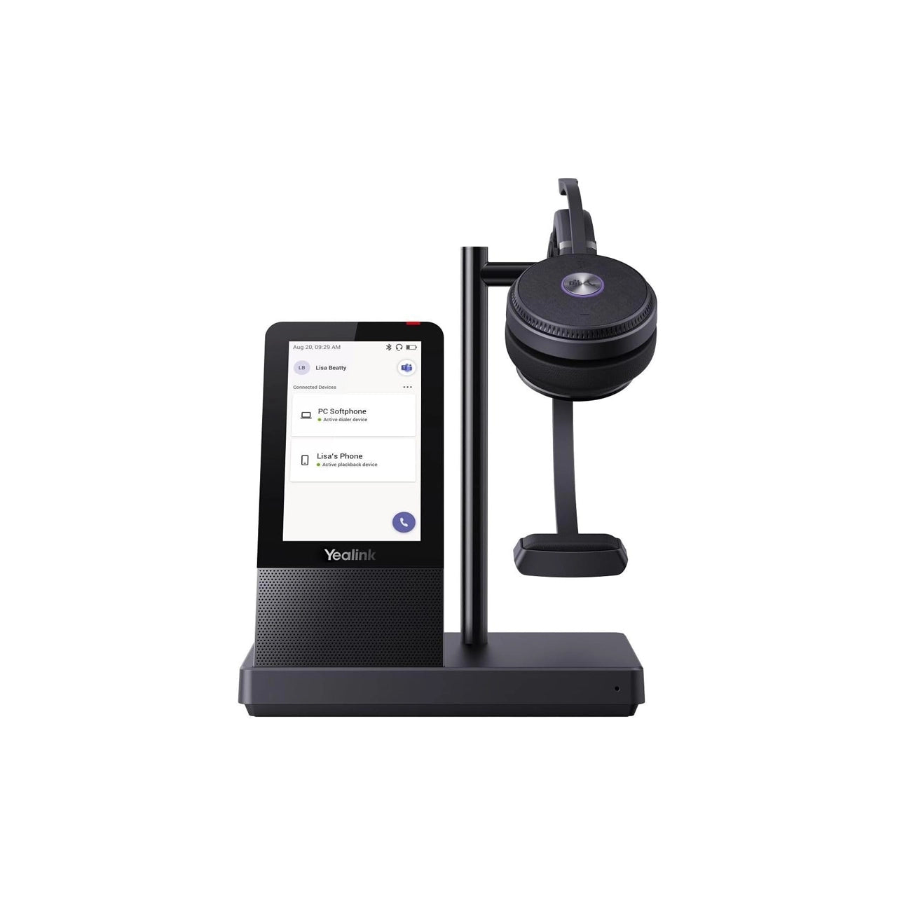 Black video conferencing setup with display and camera on a white background