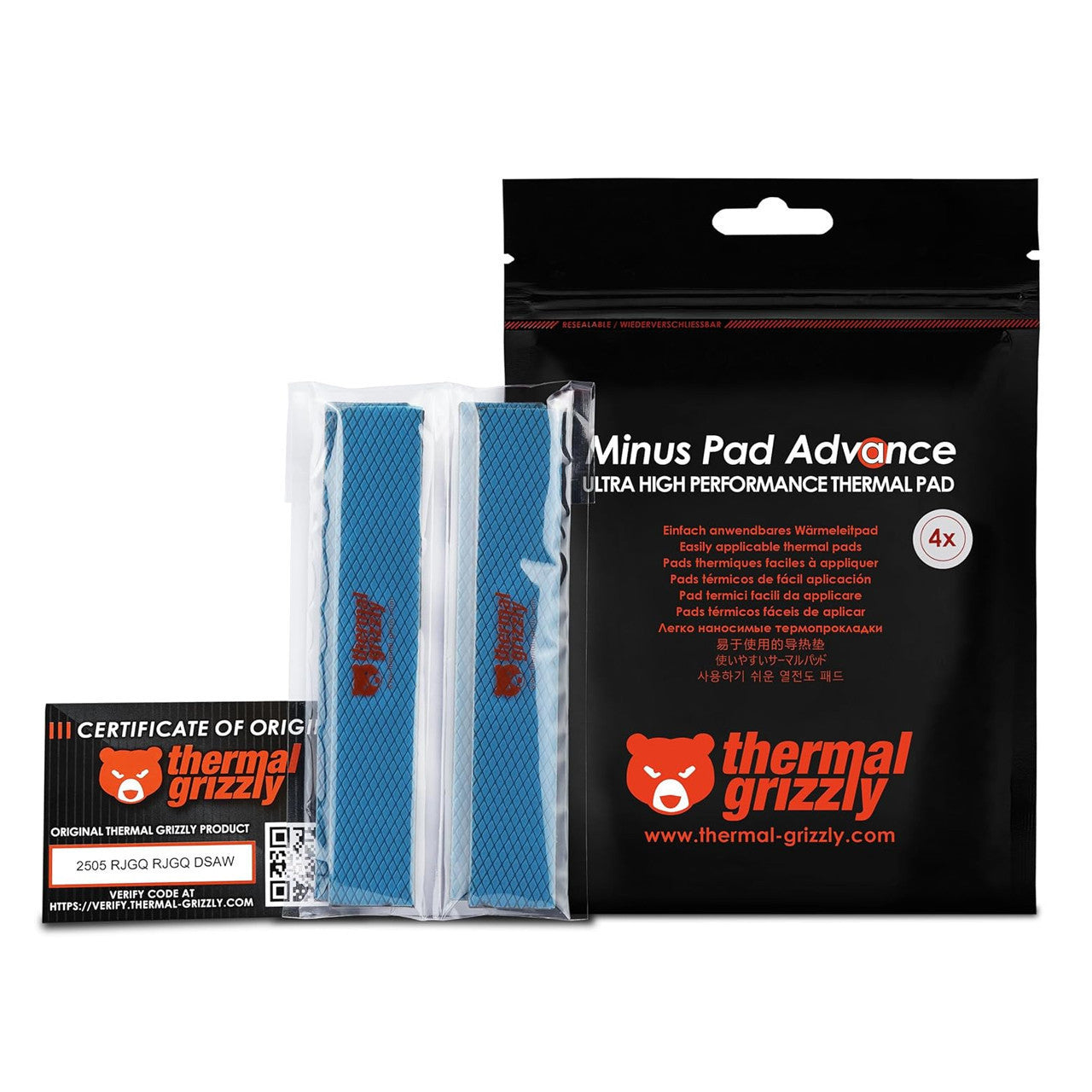 Thermal Grizzly Minus Pad Advance 120x20x0.5mm, Non-Conductive, High Thermal Conductivity & Compressibility for SSDs, GPUs & Electronics (4-Pack) TG-MP-A-120-20-05-4