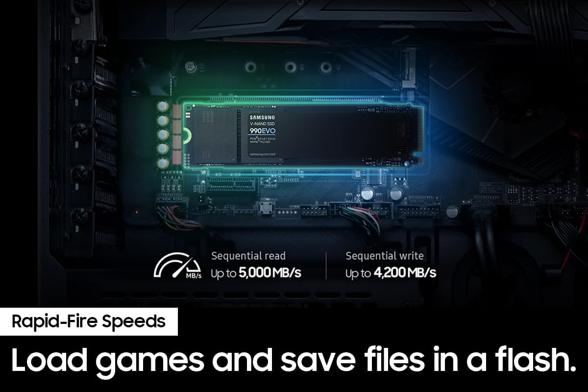 Samsung 990 EVO 2TB M.2 NVMe SSD | PCIe Gen 4x4 / Gen 5x2 | M.2 2280 | Read Speeds Up to 5,000 MB/s | MZ-V9E2T0B/AM