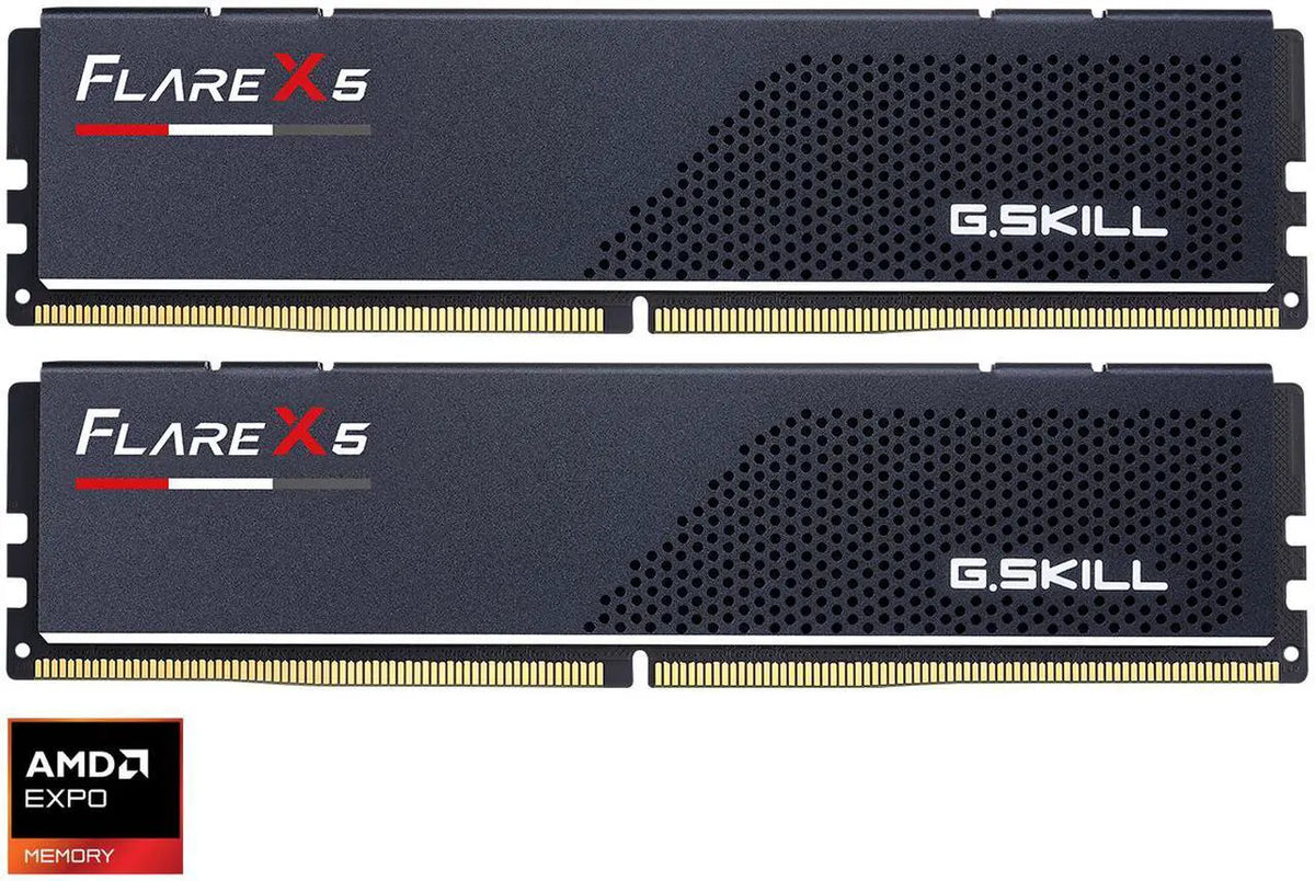 Two G.Skill FlareX5 RAM modules shown side by side on a white background, with an AMD Expo Memory badge in the bottom-left corner.