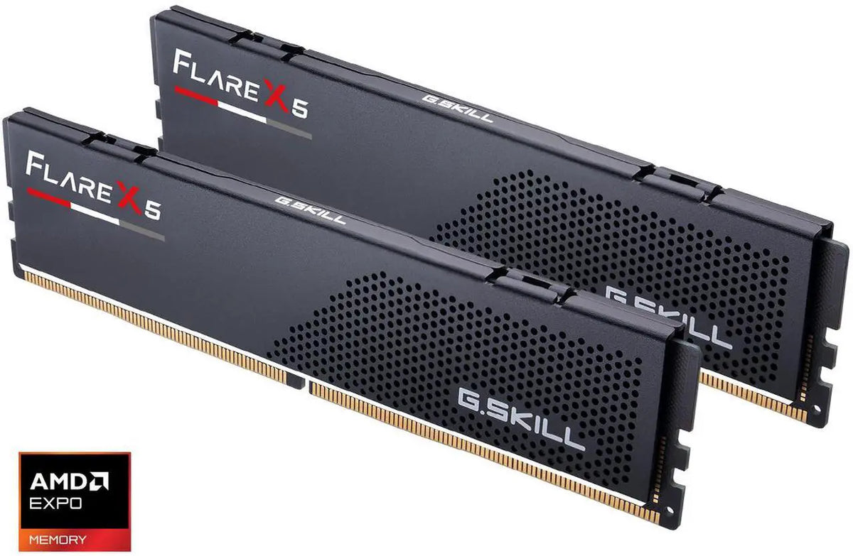 Two G.Skill FlareX5 RAM memory modules with black heat pipes and gold-plated gold-plated gold-plated RAM DIMM slots, shown on a white background with an AMD Expo Memory badge in the bottom-left corner.