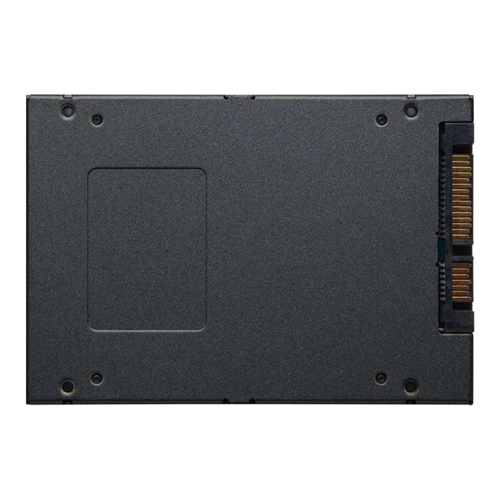A solid-state drive (SSD) module shown from the back, featuring a textured dark gray metal casing with mounting holes and a gold-plated connector interface on the right side, isolated on a white background.
