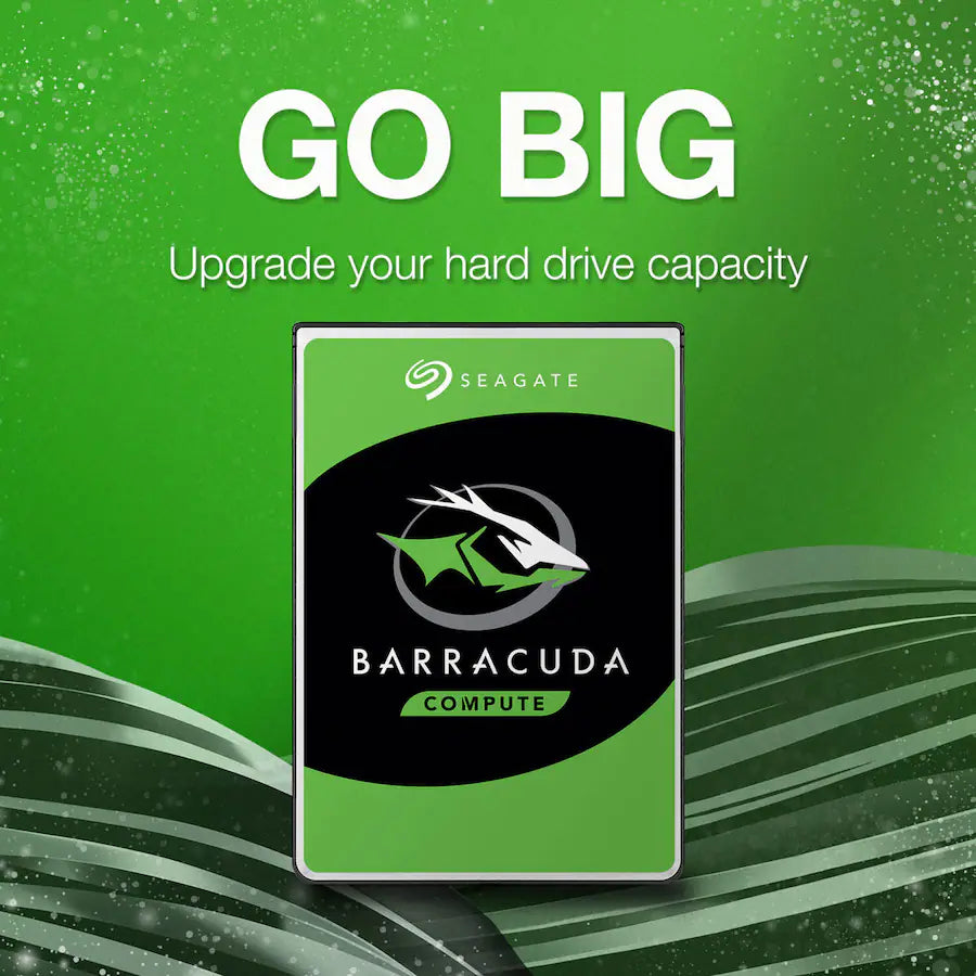 Seagate Barracuda hard drive with 'GO BIG' text on a green background
