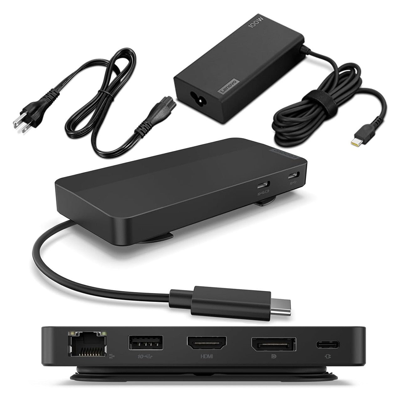 Lenovo USB-C Dual Display 4K Travel Dock w/ 100W Power Adapter - 7 Ports, Universal Compatibility (Black) 40B90100US