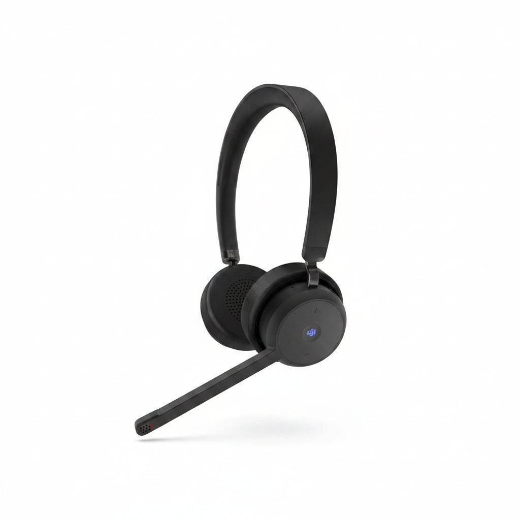 Black wireless headset with microphone on a white background