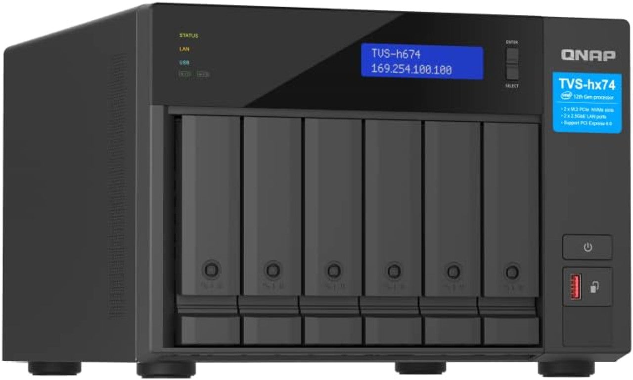 QNAP Ultra-High Speed 6 Bay NAS. Intel Core i3-12100 4C/8T, 16GB DDR4 RAM, HDMI 1.4b, 250W PSU TVS-H674-i3-16G-US