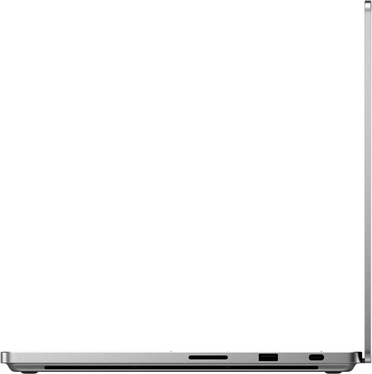 A silver aluminum laptop shown from a side profile view, open at a slight angle, with ports visible along the bottom edge against a plain white background.