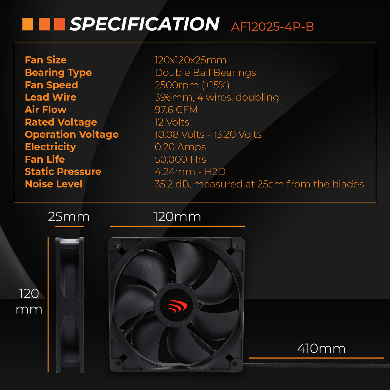 AAAwave 120 mm Double ball bearing PWM Daisy Chain 2500 RPM Powerful Cooling Fan AF12025-4P-B