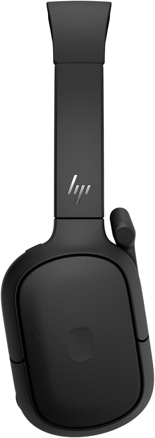 Black over-ear wireless headphones with a silver HP logo on the headband, shown from a side profile view against a white background.