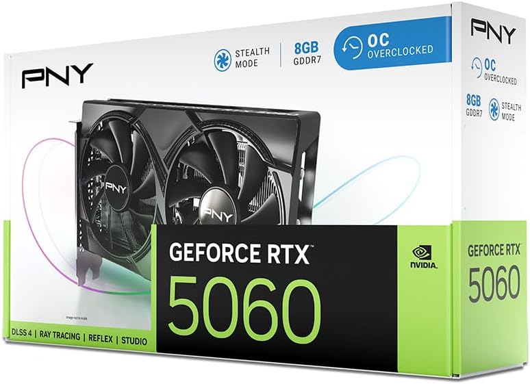 PNY GeForce RTX 5060 Overclocked Dual Fan 8GB GDDR7 Graphics Card | NVIDIA GeForce RTX 5060 | OC Edition | PCI Express 5.0 x8 | Dual Fan Cooling | ATX | VCG50608DFXPB1-O