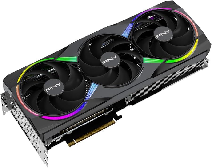 GPU with four fans and PNY branding on a white background