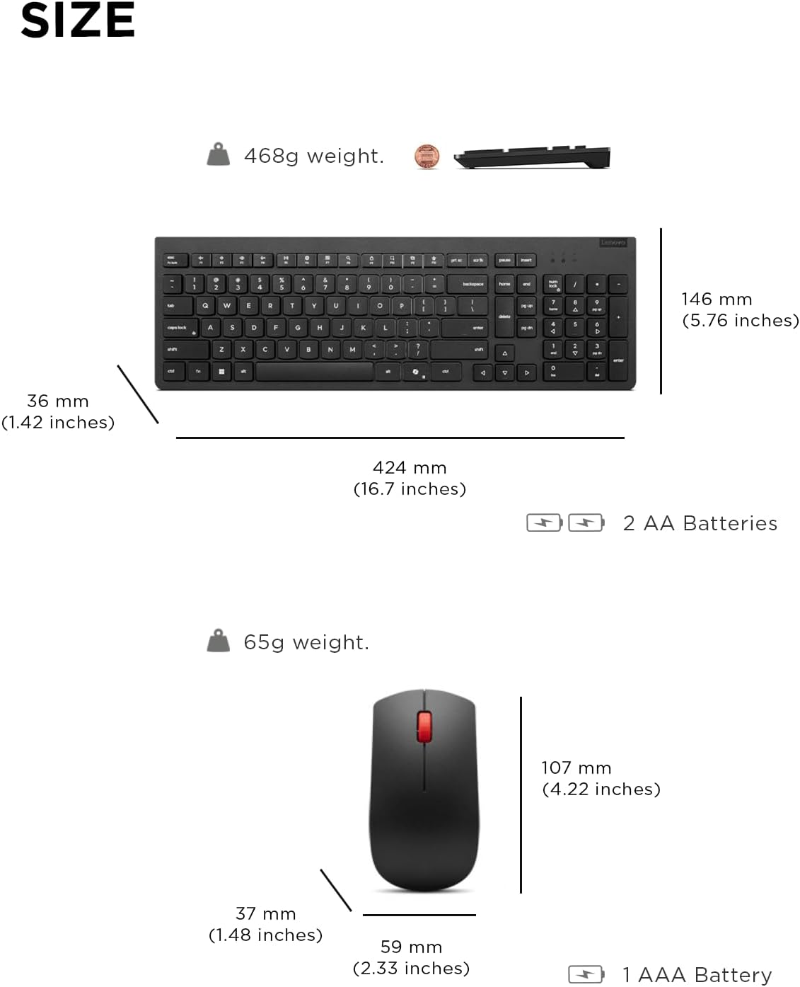Lenovo Essential Wireless Keyboard & Mouse Combo Gen 2 | Copilot Key | US English Layout | Full-Size Mouse | Black | 4X31R64453