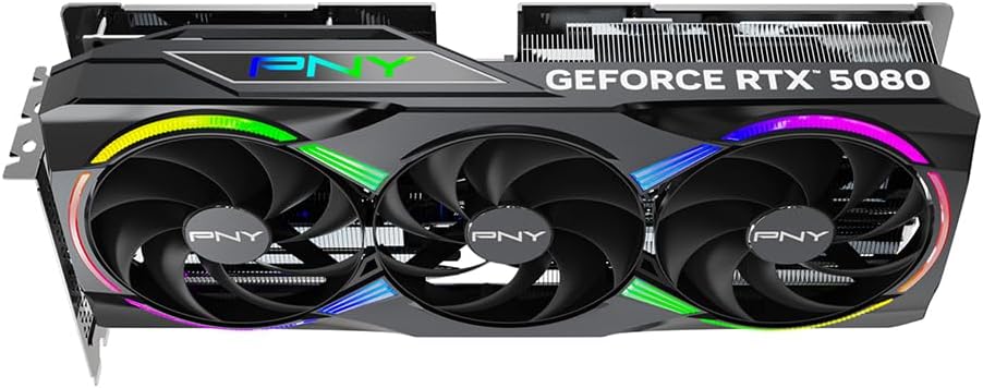 PNY GeForce RTX 5080 graphics card with three fans on a black background