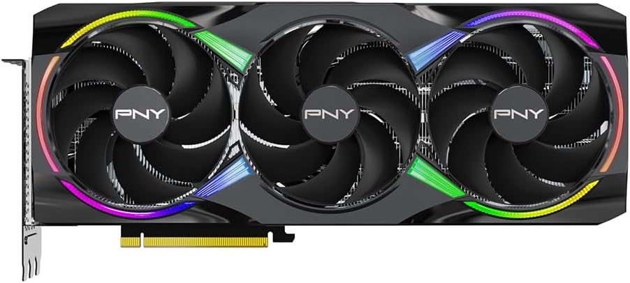GPU with three fans branded PNY on a black background