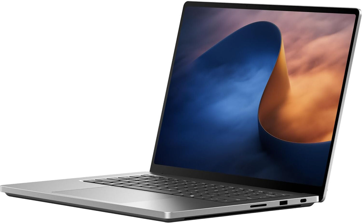 A silver laptop shown open at an angle against a plain white background, with a dark screen displaying a blue and orange abstract wallpaper.