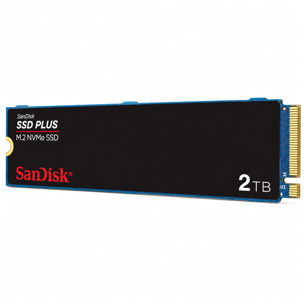 SanDisk SSD Plus 2TB M.2 NVMe SSD with a black heatsink cover, blue edges, gold connector pins, and white and red branding on a white background.