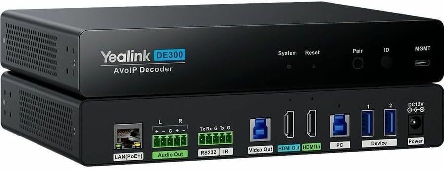 Yealink DE300 AVoIP Decoder | 4K@60Hz 4:4:4 | 16ms Ultra-Low Latency | 2x2 Video Matrix | PoE+ | 1303135