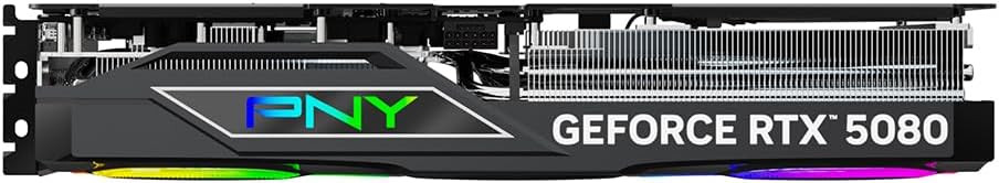 PNY GeForce RTX 5080 graphics card with RGB lighting on a black background