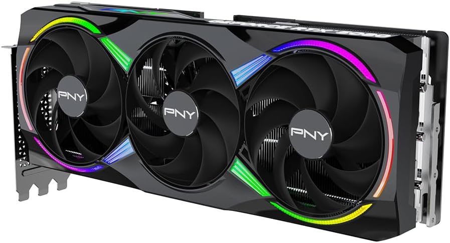 GPU with RGB lighting and PNY branding on a white background