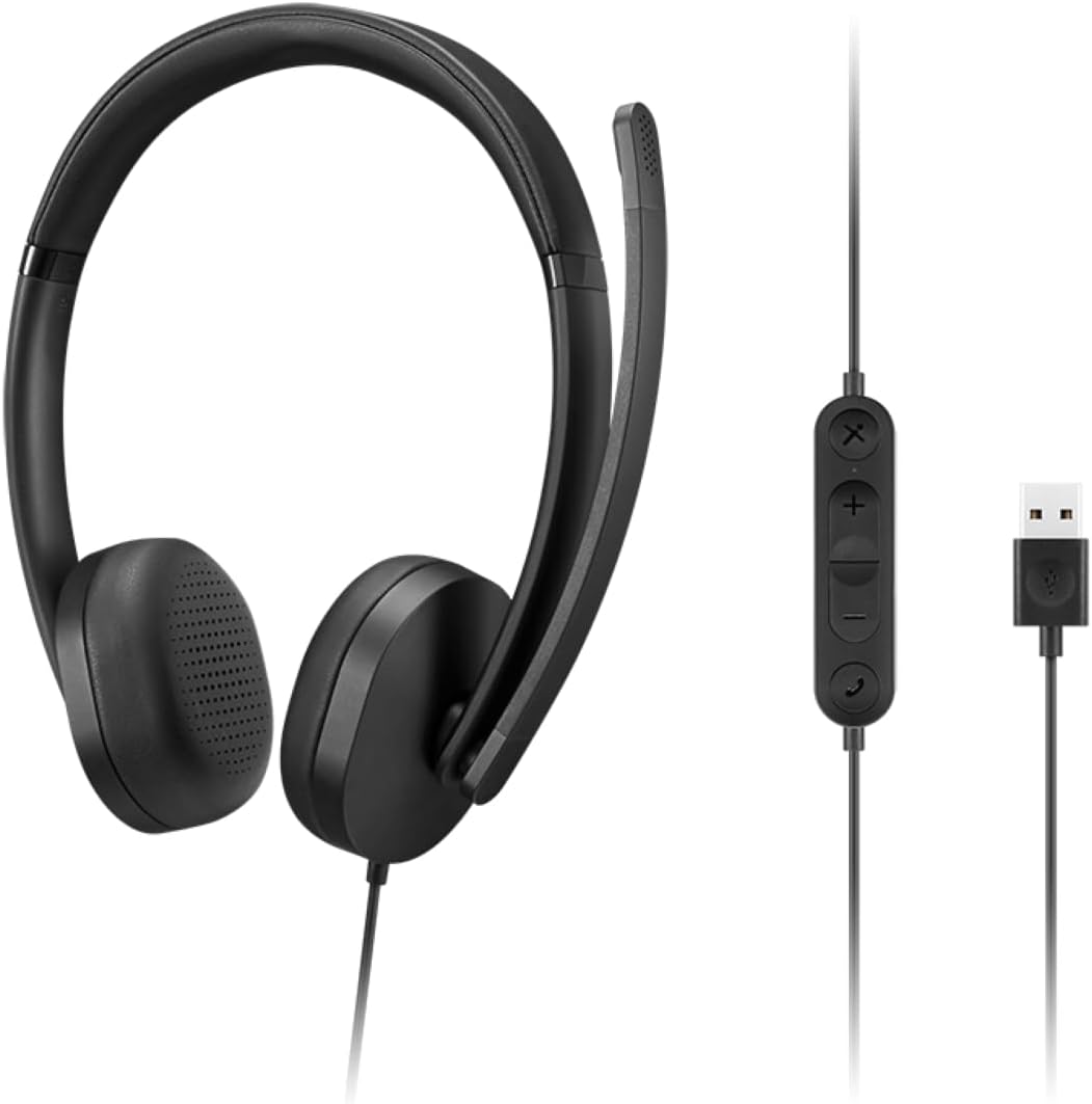 Lenovo USB-A Wired Stereo Headset | AI Noise Cancelling | Boom Mic | Teams/Zoom | 4XD1P83425
