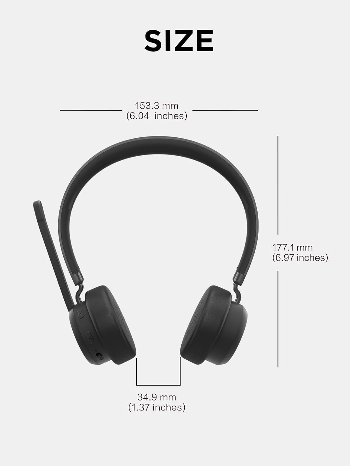 Black headphones with size measurements on a white background