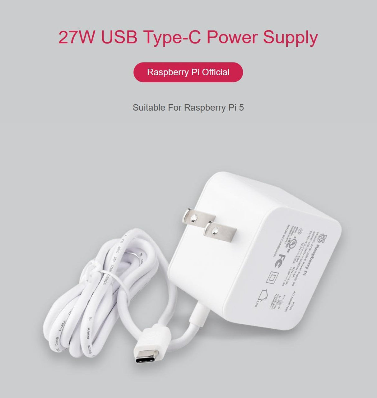 Raspberry Pi Power Adapter Pi5 Official Original 27W Power PD Adapter USB-C 5.1V5A Type-C Interface, White SC1153