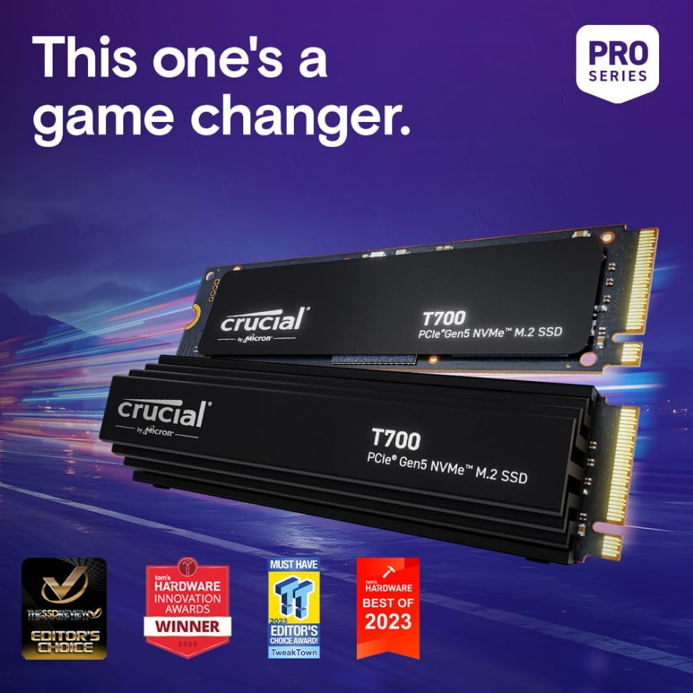 Crucial T700 2TB Gen5 NVMe M.2 SSD with Heatsink | Up to 12,400 MB/s | DirectStorage Enabled | CT2000T700SSD5