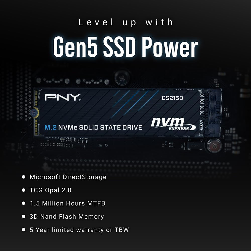 PNY CS2150 1TB Gen5 PCIe NVMe M.2 2280 3D NAND SSD, Up to 10,200/8,300 MBs Internal Solid-State Drive M280CS2150-1TB-TB