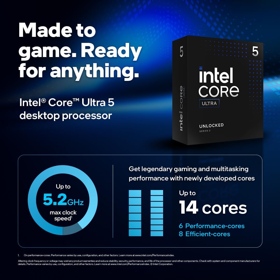 Intel Core Ultra 5 245KF 14-Core Desktop Processor | 6 Performance Cores + 8 Efficient Cores | Up to 5.2GHz | LGA 1851 | BX80768245KF