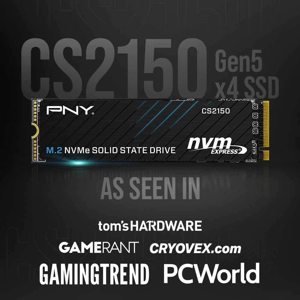 PNY CS2150 1TB Gen5 PCIe NVMe M.2 2280 3D NAND SSD, Up to 10,200/8,300 MBs Internal Solid-State Drive M280CS2150-1TB-TB