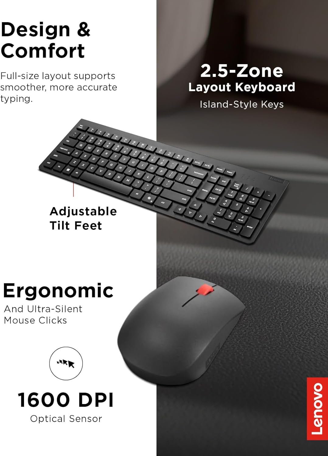 Lenovo Essential Wireless Keyboard & Mouse Combo Gen 2 | Copilot Key | US English Layout | Full-Size Mouse | Black | 4X31R64453