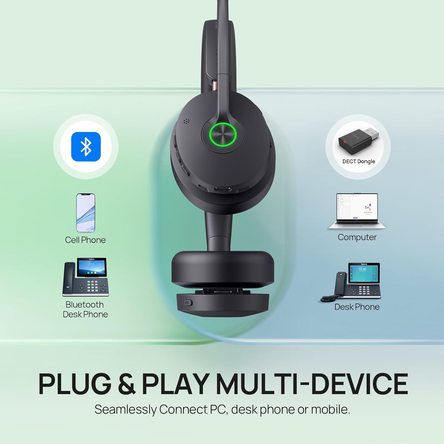 Yealink WH68 Hybrid DECT & Bluetooth Wireless Headset Teams Certified - 1208714