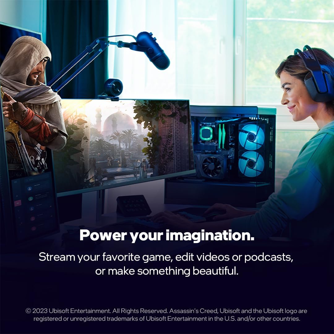 Two people in a gaming setup with computer equipment and screens, with text 'Power your imagination' displayed.