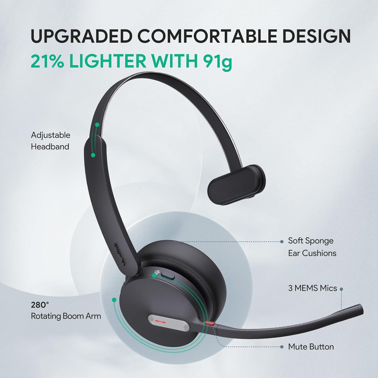 Yealink BH70 Mono Wireless Bluetooth Headset with Micr for Work, 35h Talking, Microsoft Teams Certified, USB-C/A 1208705