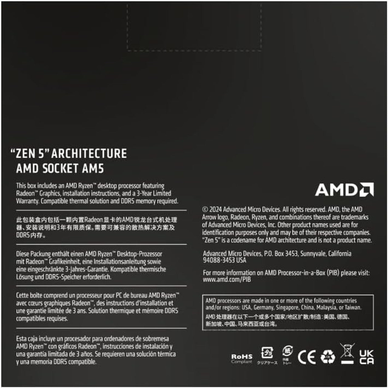 AMD Ryzen 5 9600X Processor (Zen 5) 6-Core 3.9GHz AM5 65W Desktop CPU 100-100001405WOF