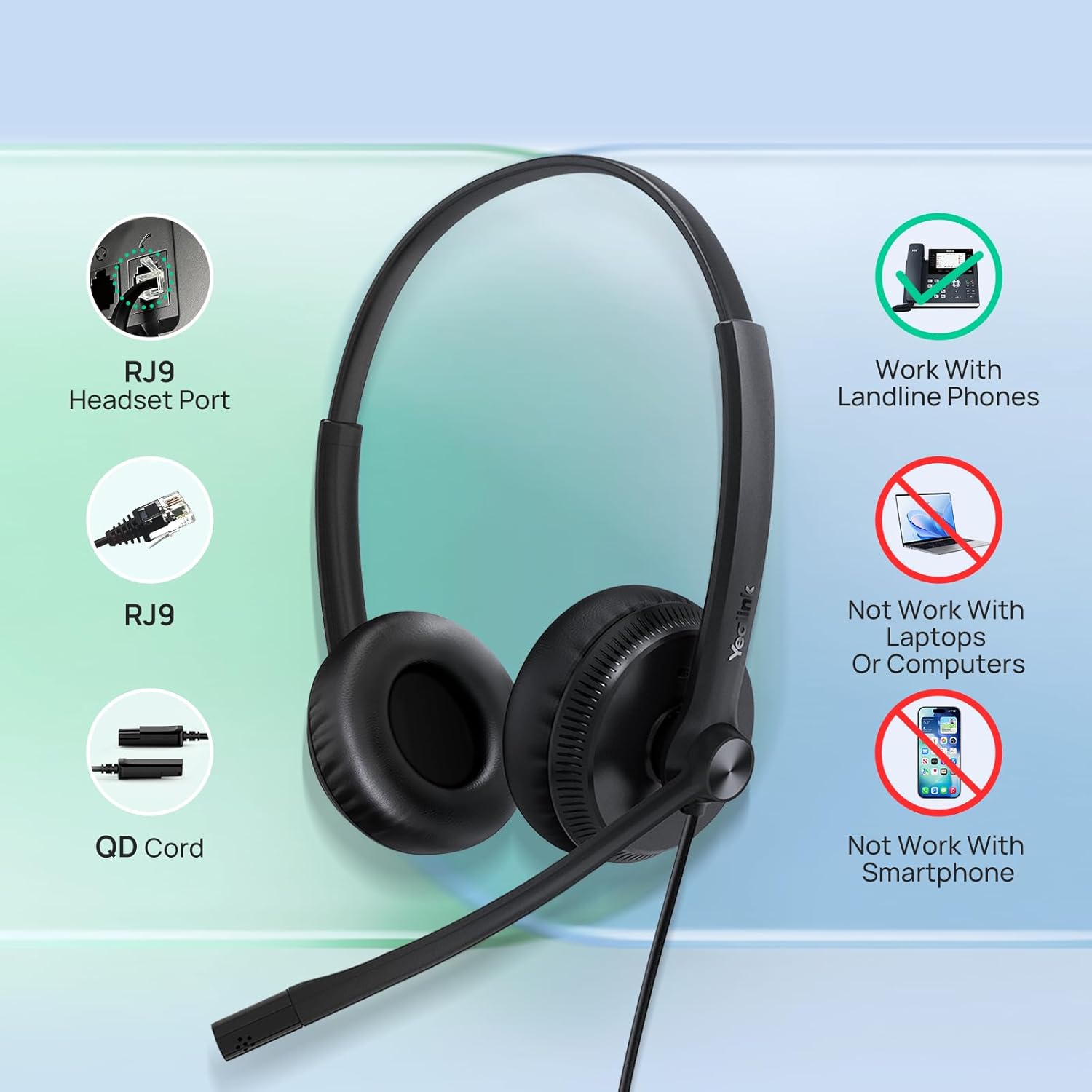 Yealink YHS34 Dual Wired Headset | Dual Ear | RJ9 Plug-and-Play | Noise Cancellation | 1308023