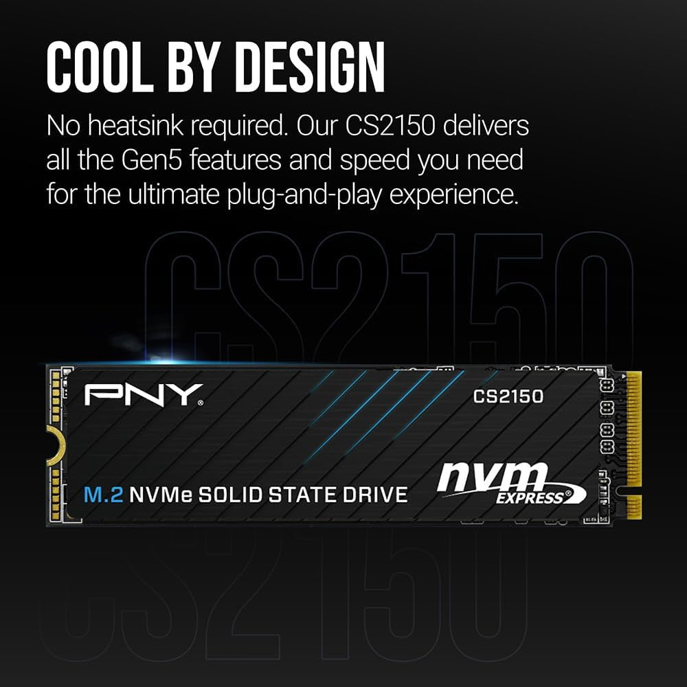 PNY CS2150 1TB Gen5 PCIe NVMe M.2 2280 3D NAND SSD, Up to 10,200/8,300 MBs Internal Solid-State Drive M280CS2150-1TB-TB