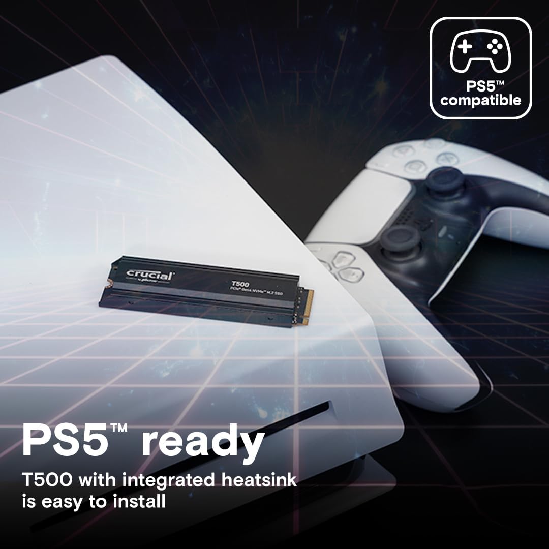 Crucial T500 1TB Gen4 NVMe M.2 Gaming SSD | Up to 7300MB/s | Heatsink | PS5 Compatible | PCIe 4.0 | CT1000T500SSD5