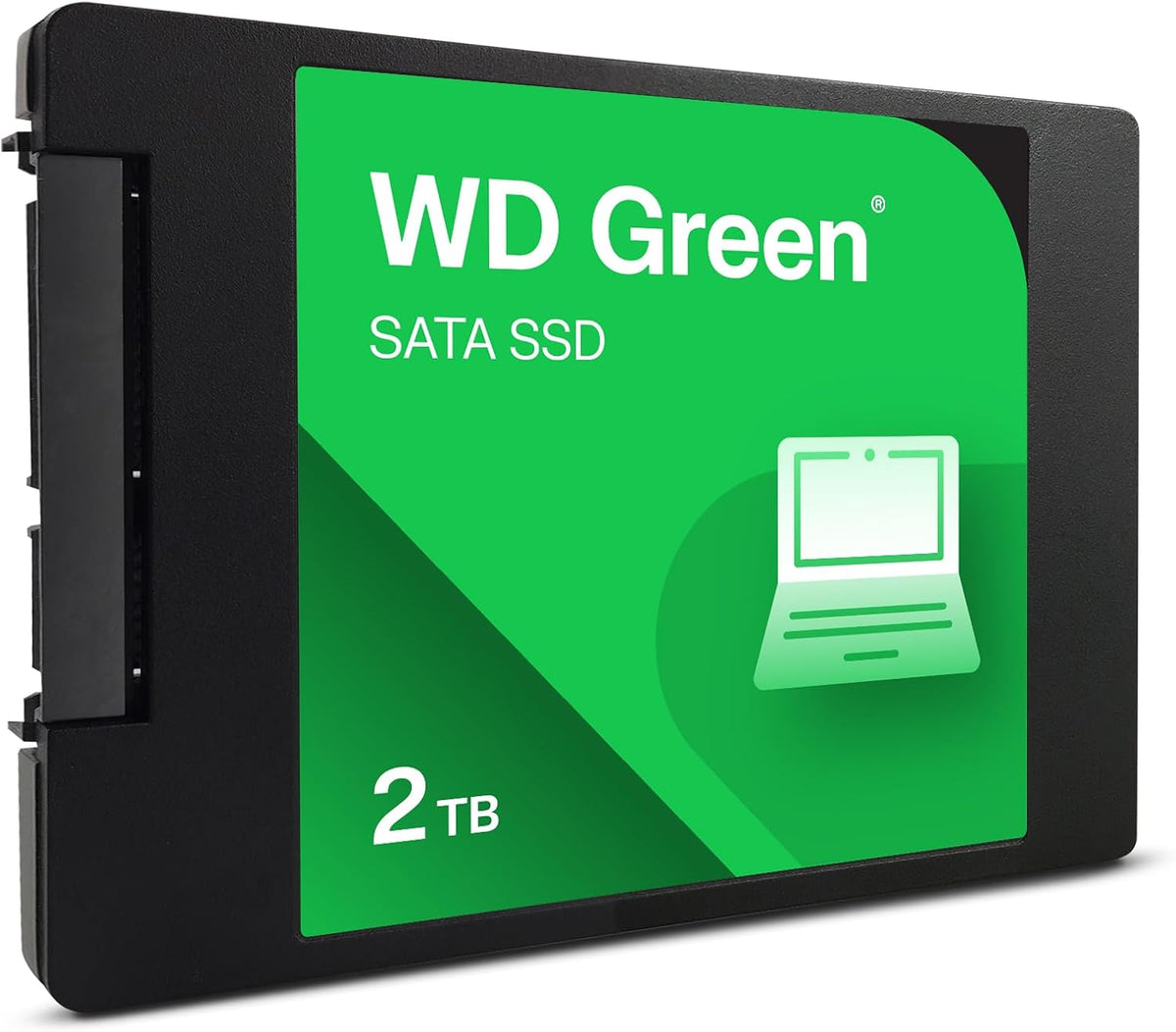 WD Green 2TB SATA SSD in a black rectangular drive casing with a bright green front label showing the WD Green branding and a laptop icon.