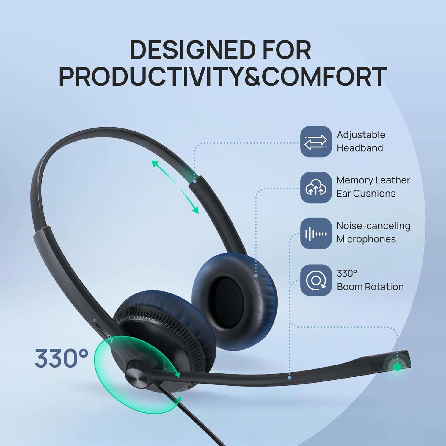 Yealink YHS34 Dual Wired Headset | Dual Ear | RJ9 Plug-and-Play | Noise Cancellation | 1308023