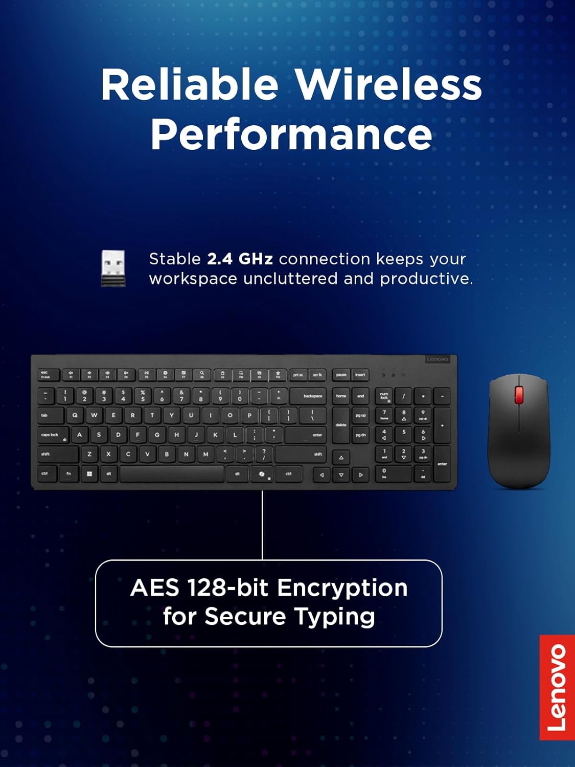 Lenovo Essential Wireless Keyboard & Mouse Combo Gen 2 | Copilot Key | US English Layout | Full-Size Mouse | Black | 4X31R64453