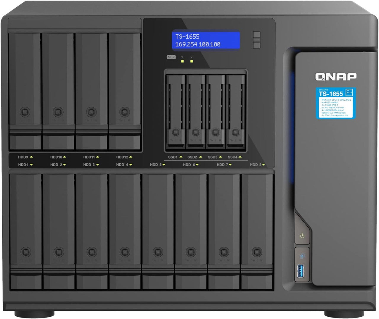 QNAP 16-Bay High-Performance Desktop NAS, Intel Atom C5125 8C/8T, 8 GB UDIMM DDR4 non-ECC RAM, 550W PSU TS-1655-8G-US