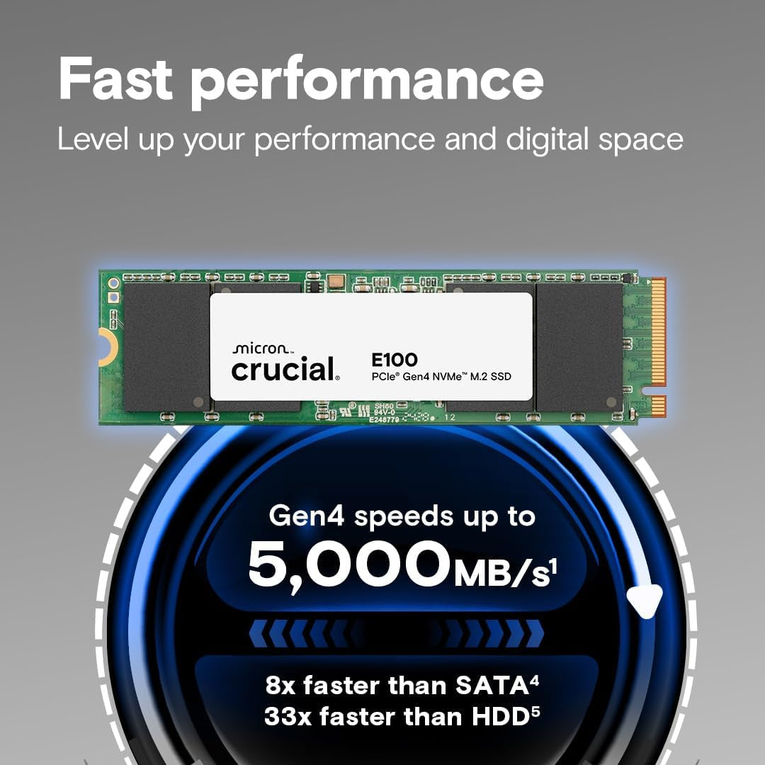 Crucial E100 2TB M.2 NVMe PCIe Gen4 Internal SSD, Up to 5,000MB/s, Laptop & Desktop Compatible CT2000E100SSD8