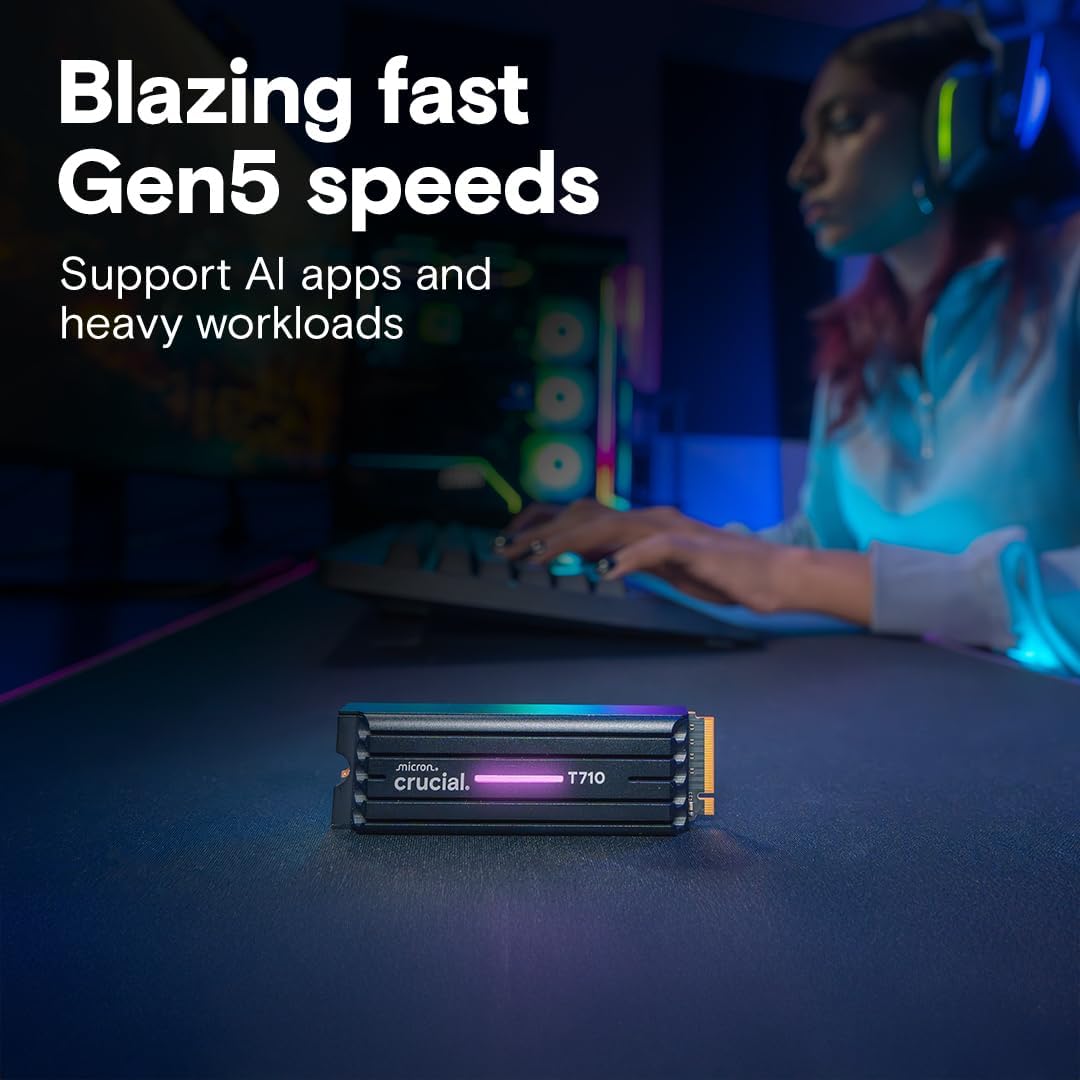 Crucial T710 1TB Gen5 NVMe M.2 SSD with Heatsink | Up to 14,900 MB/s | PC Compatible | Creators & Gamers | CT1000T710SSD5