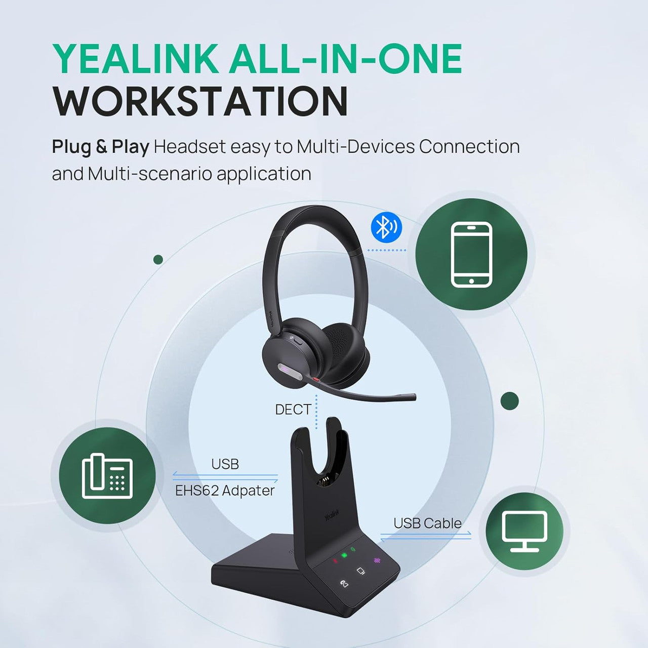 Yealink WH64 Dual Teams Wireless Headset, DECT&Bluetooth, Phone Headset, 32h Talking, Office Work, Cell Phone Headset 1208674
