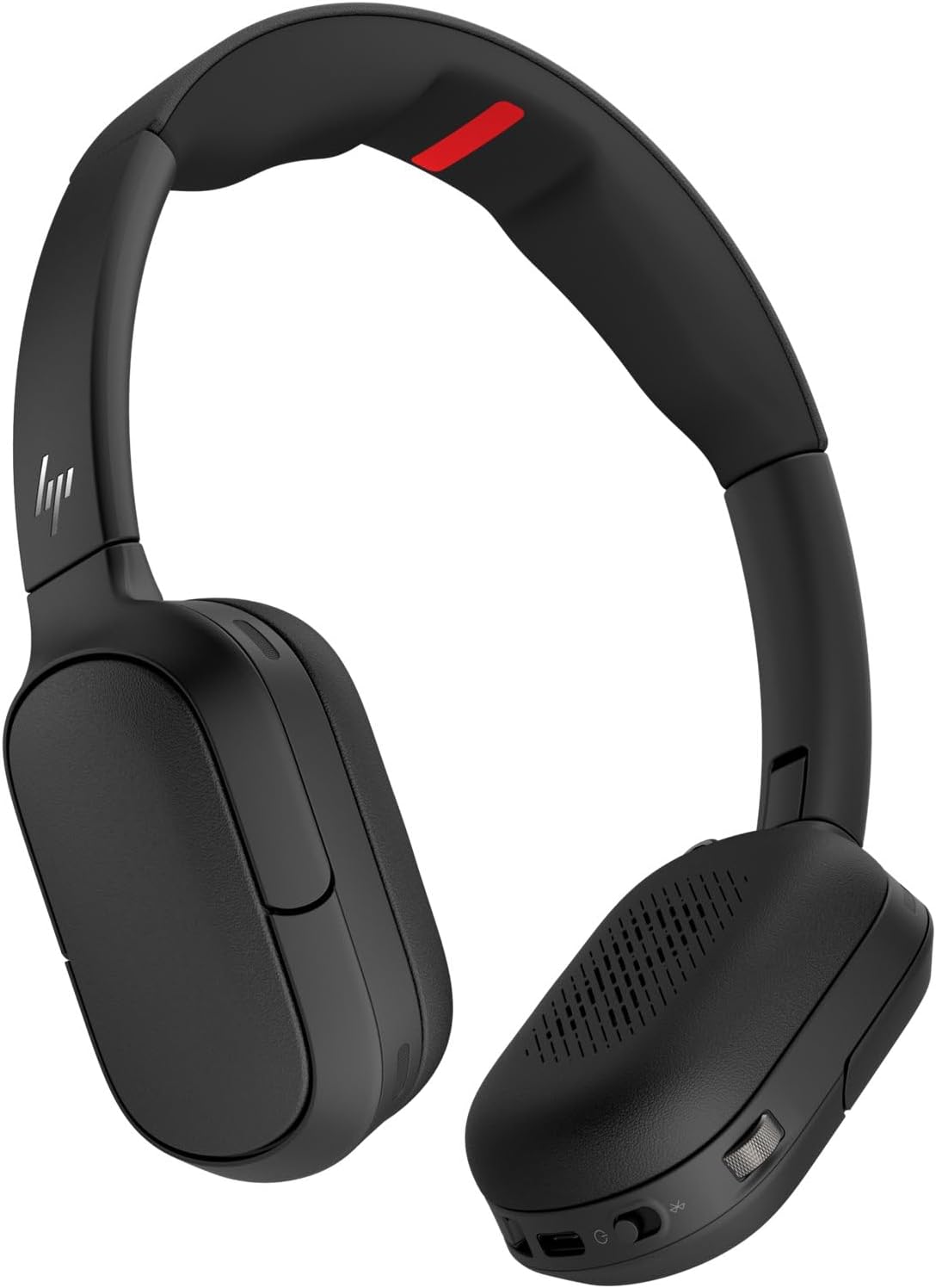Black over-ear wireless headphones with a small red accent on the headband and a white HP logo on the ear cup, shown on a plain white background.