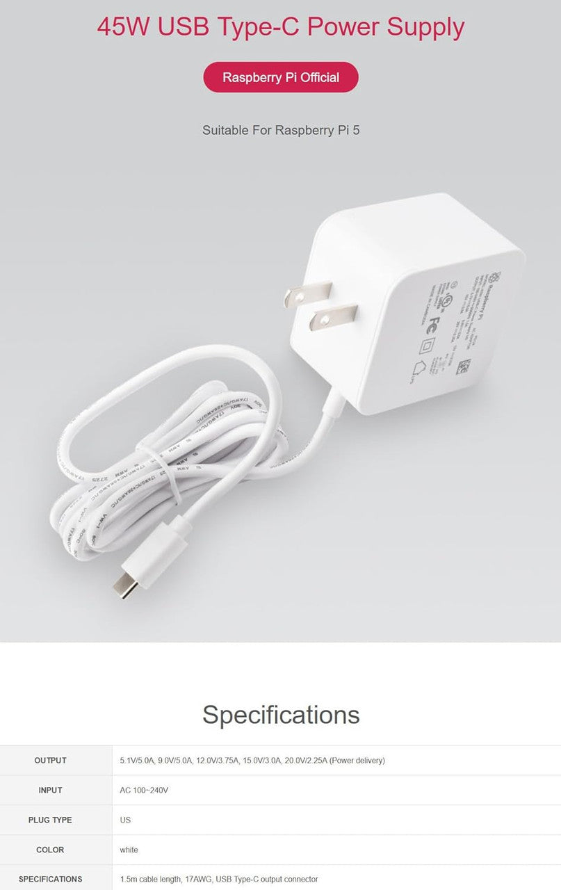 Raspberry Pi Accessories Power Adapter Pi5 Official, Original 45W USB-C Power Supply - White (US) SC1731