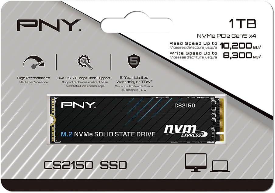 PNY CS2150 1TB Gen5 PCIe NVMe M.2 2280 3D NAND SSD, Up to 10,200/8,300 MBs Internal Solid-State Drive M280CS2150-1TB-TB